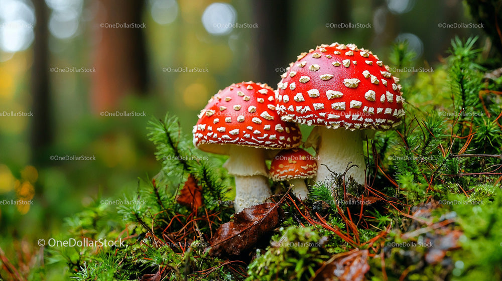 Red Fly Agaric Mushrooms in Lush Forest Setting