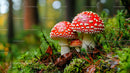 Red Fly Agaric Mushrooms in Lush Forest Setting