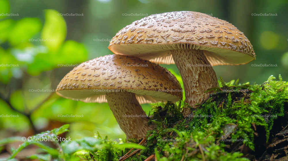 Closeup of Forest Mushrooms on Mossy Floor
