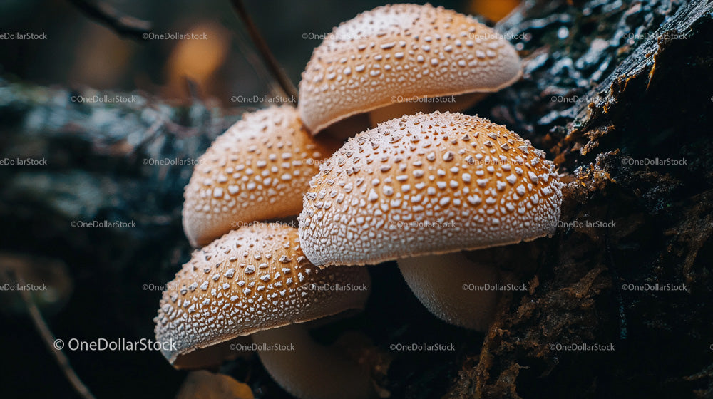 Cluster of Wild Mushrooms with Dew on Forest Floor