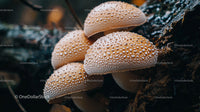 Cluster of Wild Mushrooms with Dew on Forest Floor