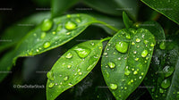 Lush Green Leaves with Fresh Water Droplets in Nature