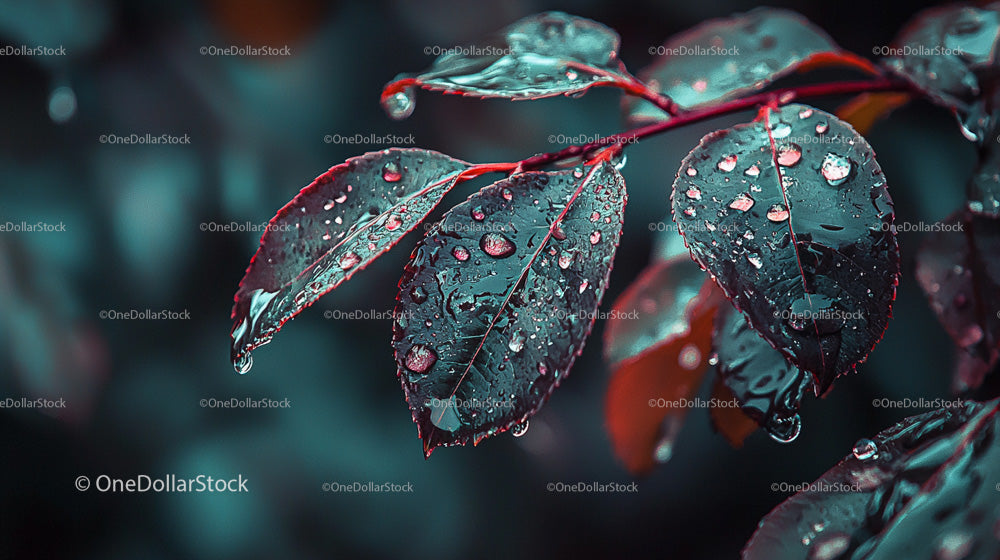 Glistening Leaves with Raindrops in Close-Up View