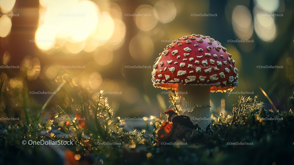 Czerwony grzyb Amanita w czarującym lesie o zachodzie słońca