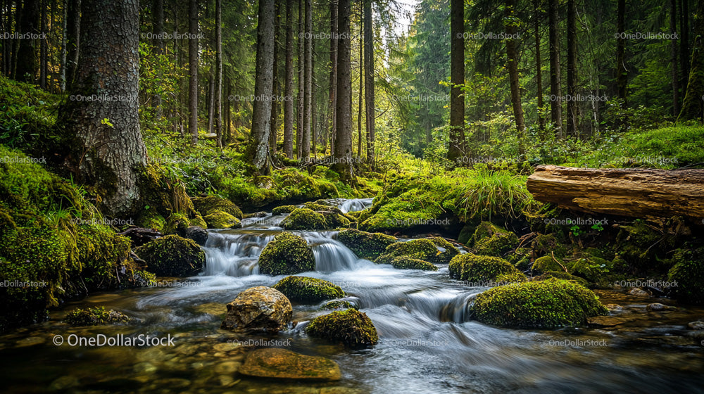 Tranquil Forest Stream with Lush Greenery and Mossy Rocks