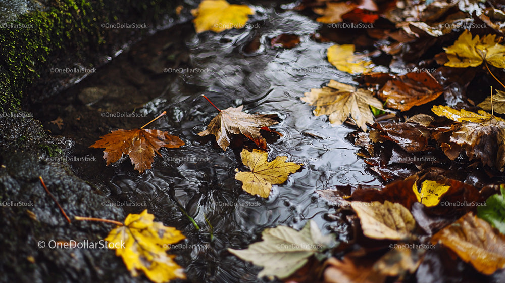 Colorful Autumn Leaves Floating in a Rainy Puddle