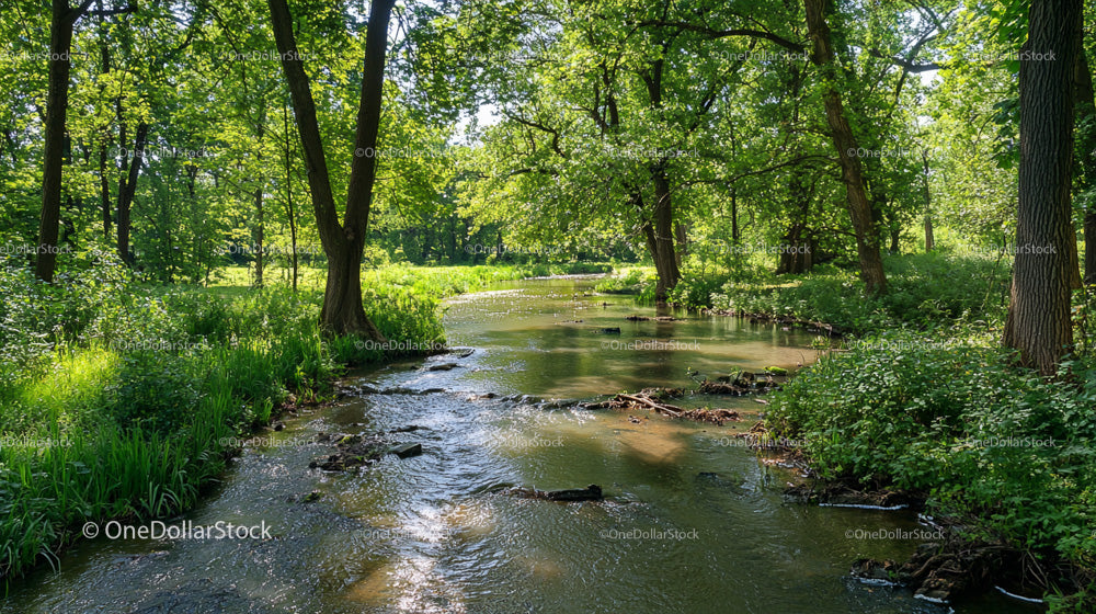 Tranquil Forest Stream with Lush Greenery and Sunlight