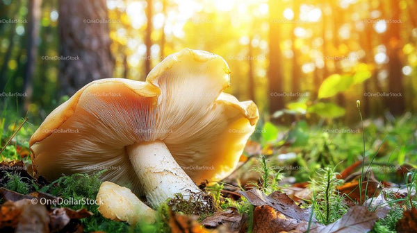 Grzyb w słonecznym świetle na liściastej, jesiennej leśnej posadzce