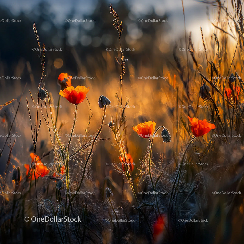 Sunset Glow on Vibrant Orange Poppies in a Wild Meadow