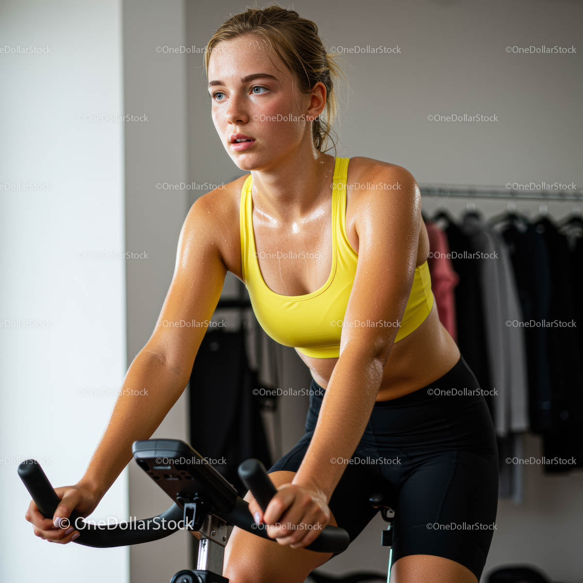 Focused Woman on Indoor Exercise Bike in Gym Setting