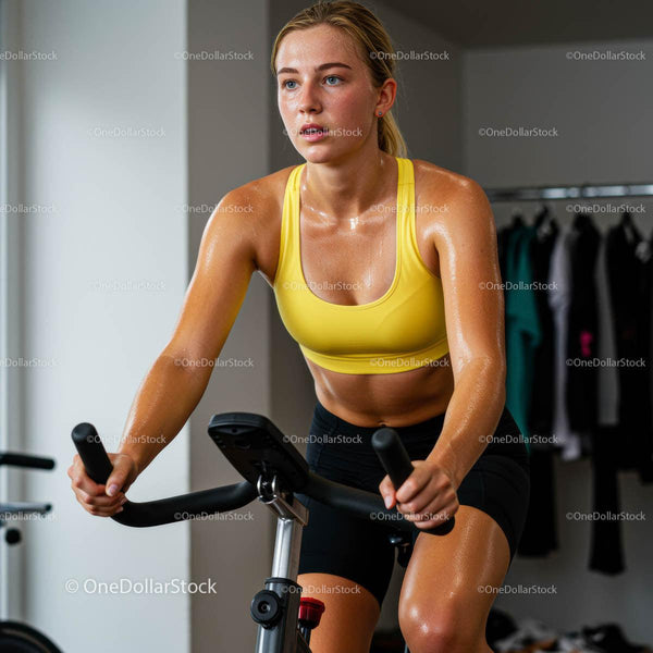 Woman Focused on Intense Indoor Cycling Workout