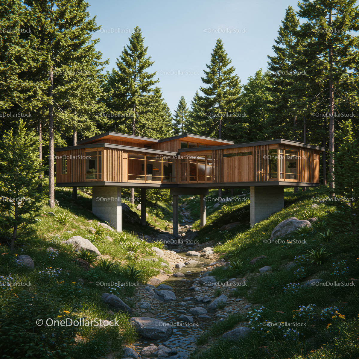 Modern Wooden Cabin Surrounded by Pine Trees
