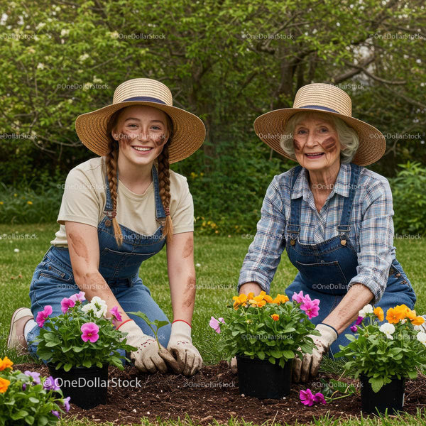 Grandmother and Granddaughter Gardening Together