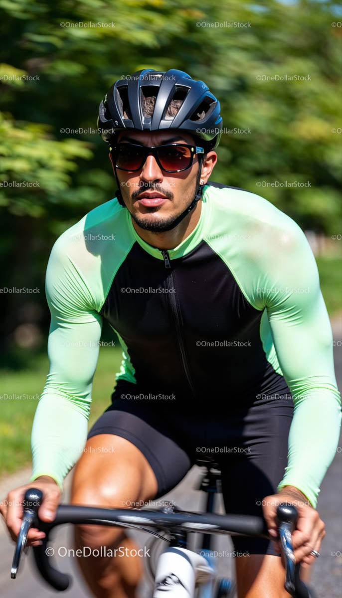 Determined Cyclist Riding Through Green Landscape