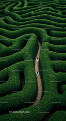 Aerial View of Lush Green Hedge Maze with Winding Path