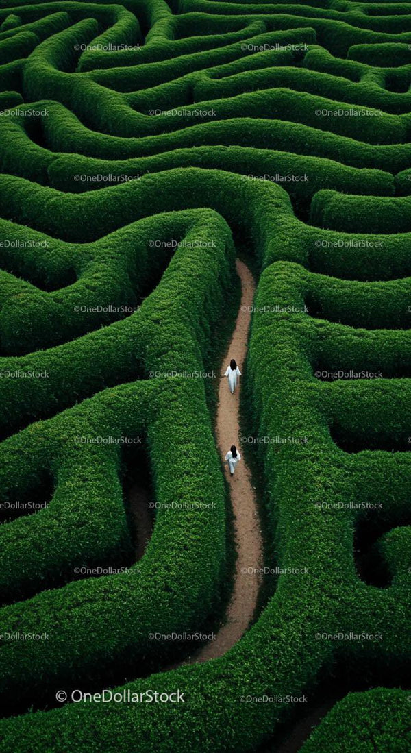 Aerial View of Lush Green Hedge Maze with Winding Path