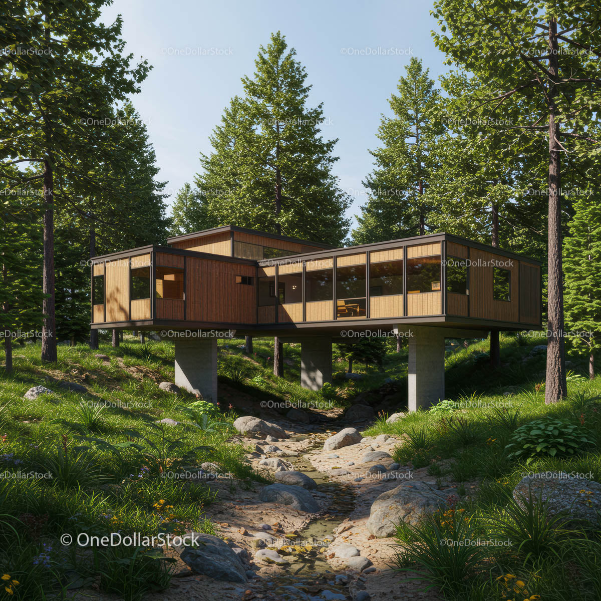 Modern Elevated Wooden House in Green Forest