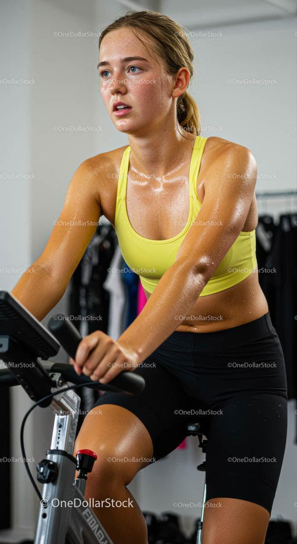 Focused Woman Exercising on Stationary Bike in Gym