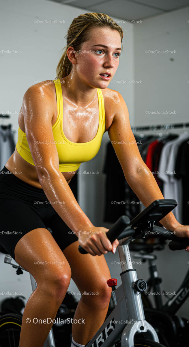 Determined Woman Cycling Indoors During Intense Workout