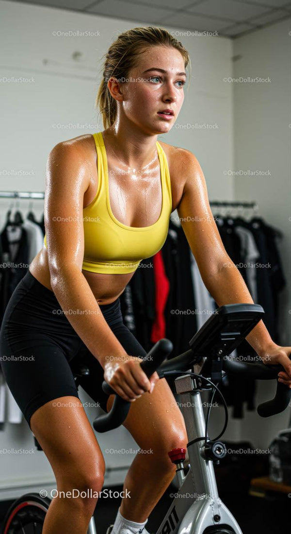 Determined Woman Exercising on Indoor Cycling Bike