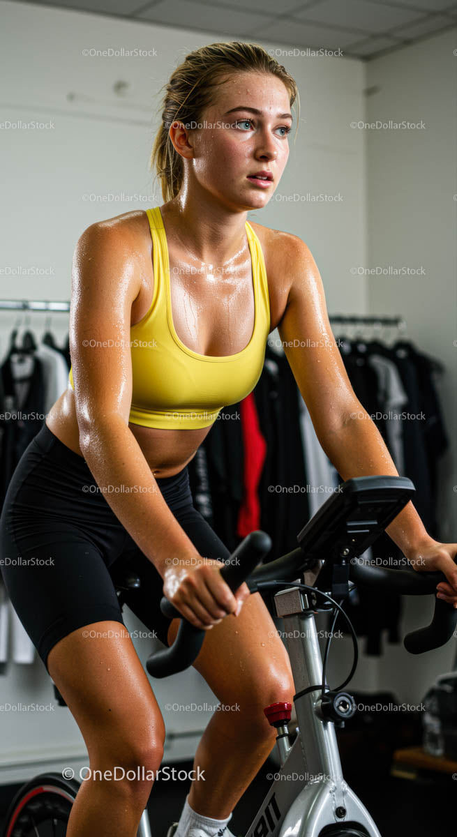 Determined Woman Exercising on Indoor Cycling Bike