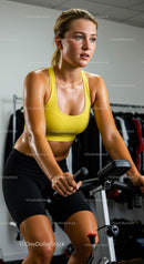 Focused Woman on Exercise Bike in Yellow Sports Bra