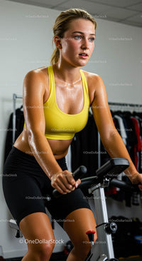 Focused Woman on Exercise Bike in Yellow Sports Bra