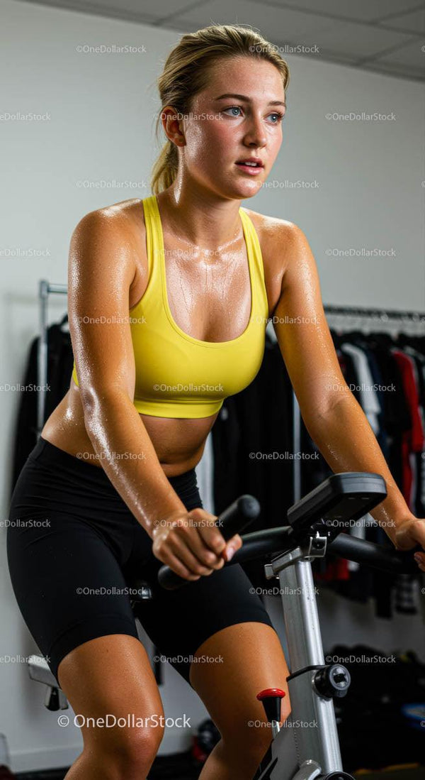 Focused Woman on Exercise Bike in Yellow Sports Bra