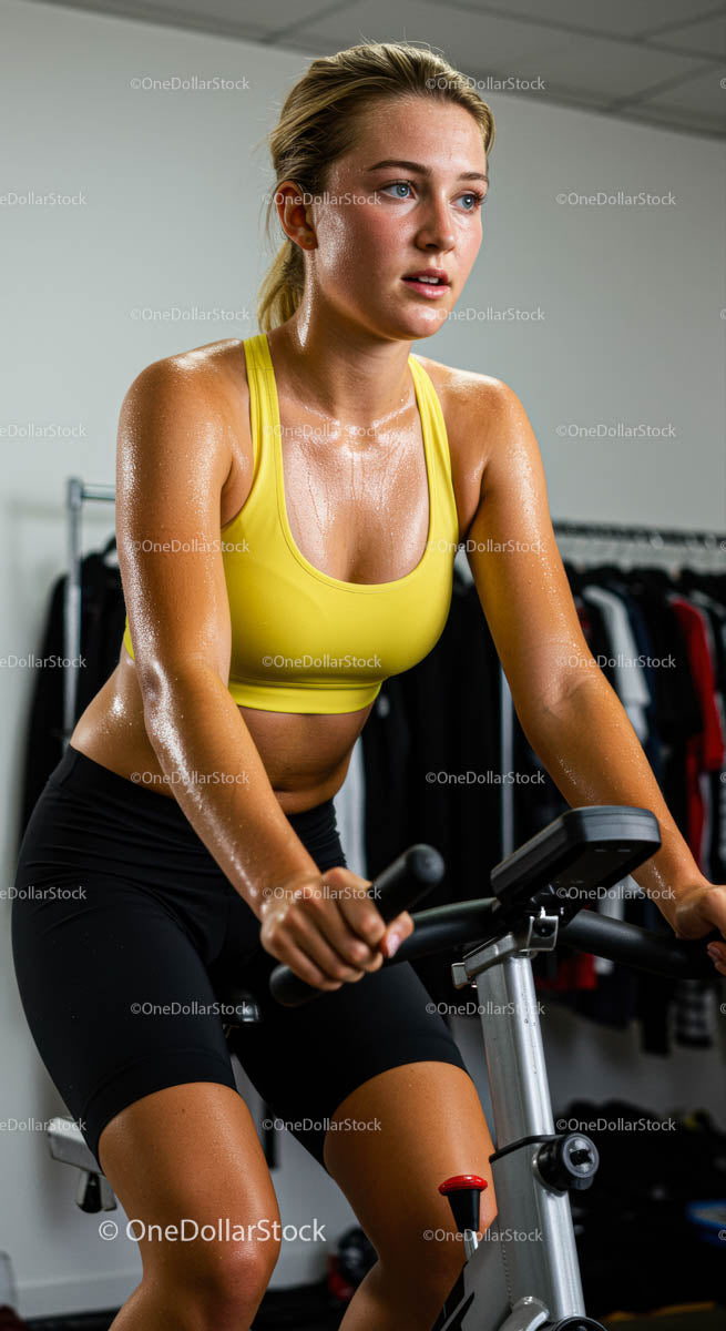 Focused Woman on Exercise Bike in Yellow Sports Bra