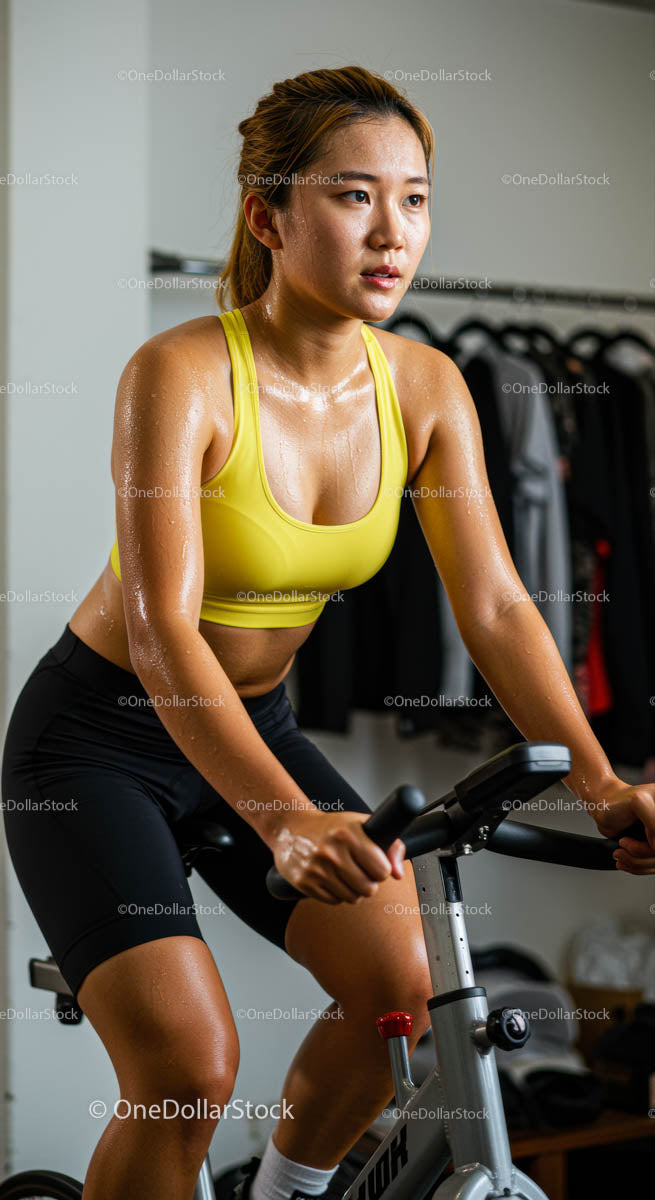 Focused Woman Cycling Indoors in Yellow Sportswear