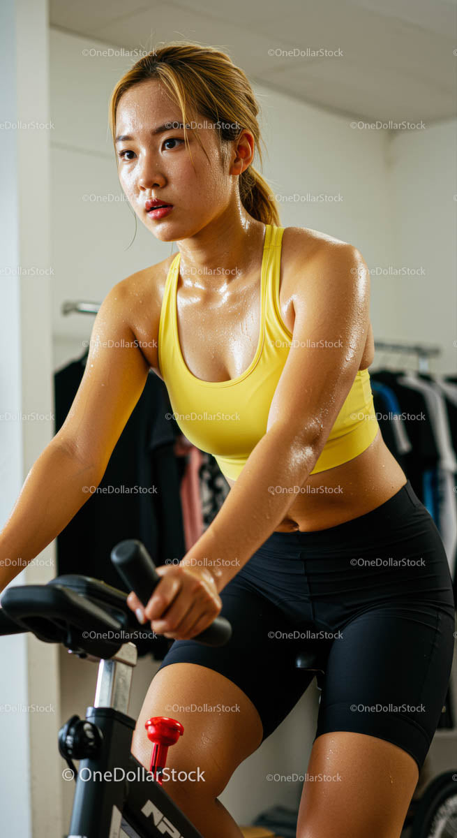 Focused Woman Exercising on Indoor Cycle