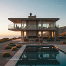 Modern Glass House with Pool at Sunset