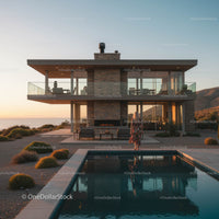 Modern Glass House with Pool at Sunset