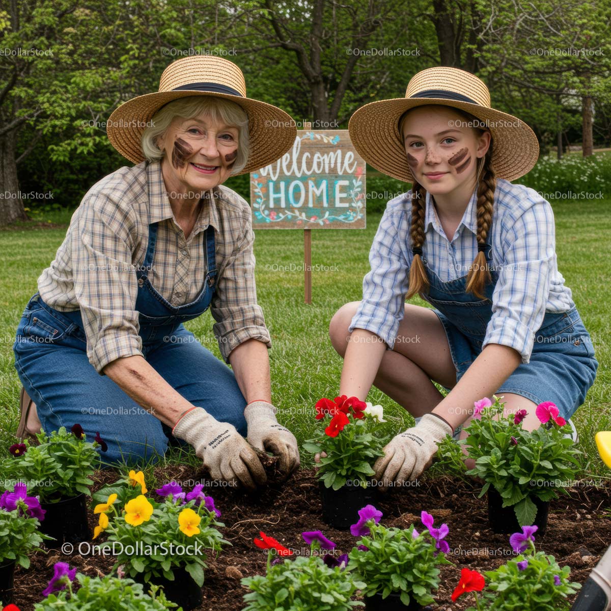 Grandmother and Granddaughter Planting Vibrant Flowers