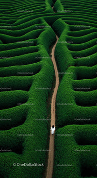 Woman in White Walking Through Lush Green Maze