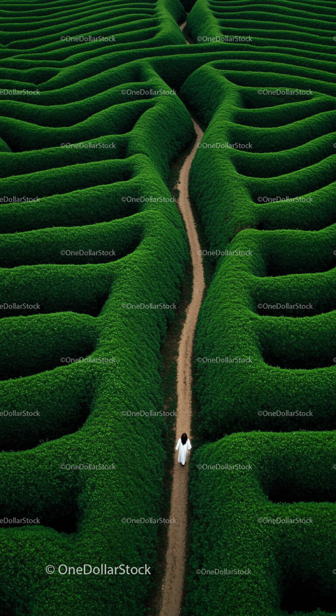 Woman in White Walking Through Lush Green Maze