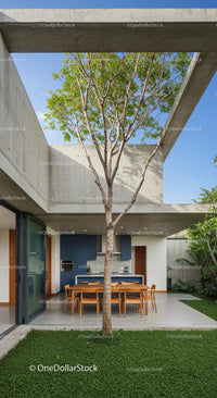 Modern Concrete Structure with Outdoor Dining and Tree Canopy