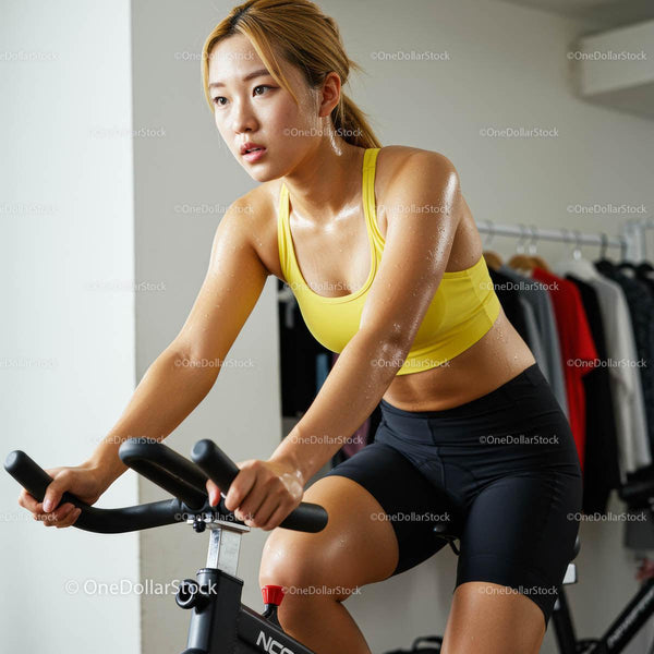 Focused Woman on Indoor Bike Exercising in Yellow Sportswear