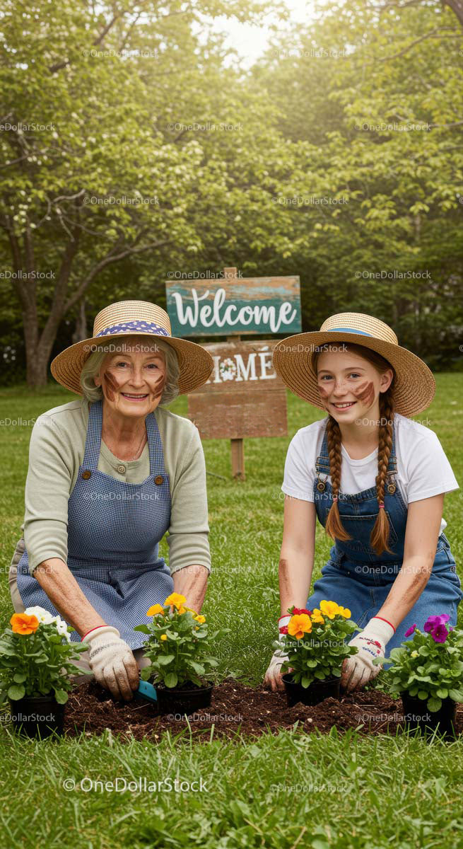 Grandmother and Granddaughter Planting Flowers in Sunlit Garden