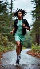 Woman Running on a Wet Forest Trail in Athletic Wear