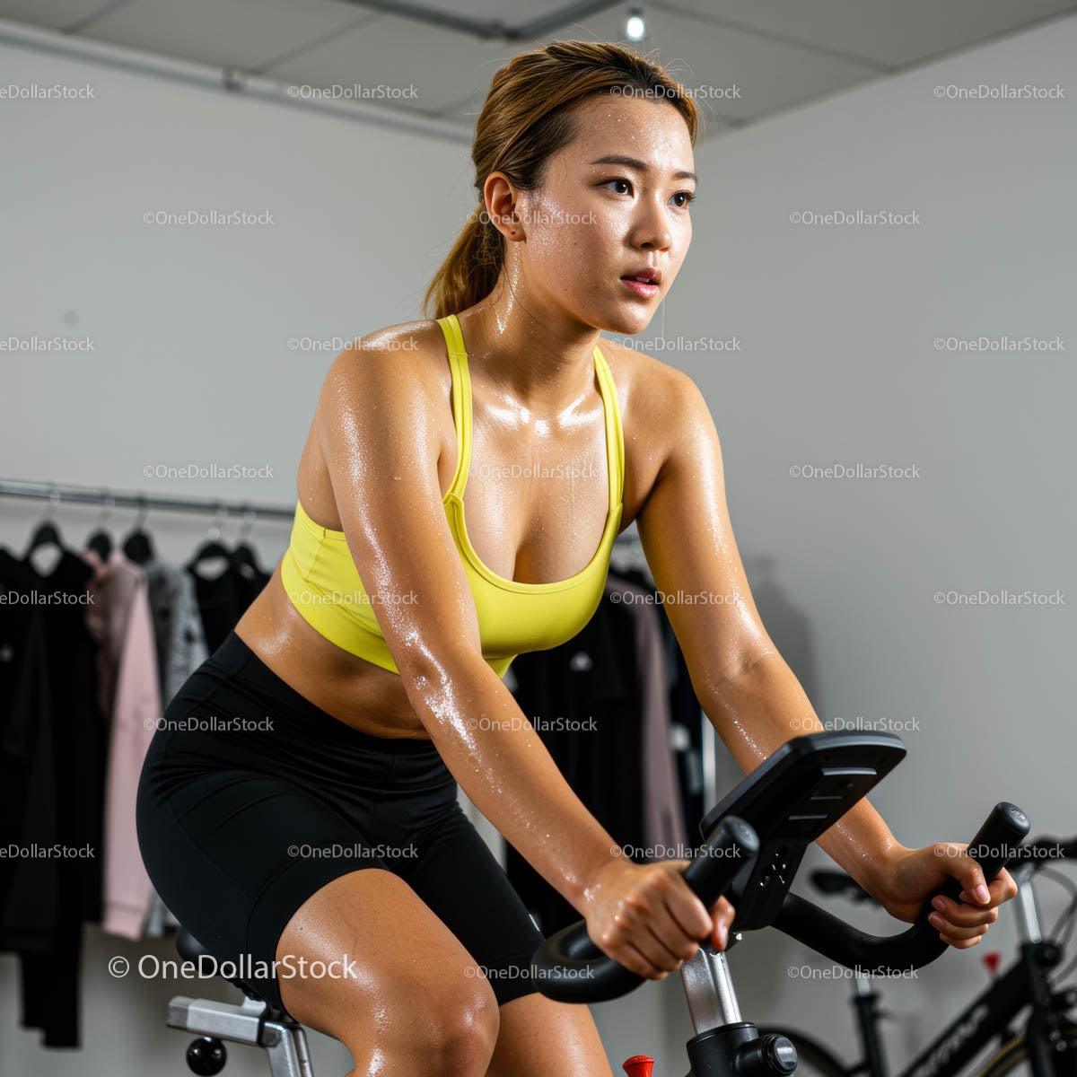 Dedicated Woman in Yellow Sports Bra Exercising on Stationary Bike