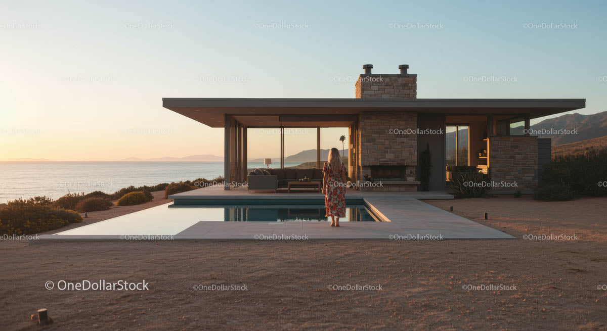 Modern Beachfront House with Pool at Sunset