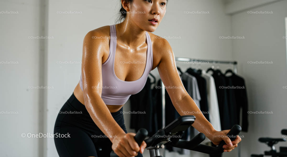 Focused Woman on Exercise Bike in Modern Gym Setting