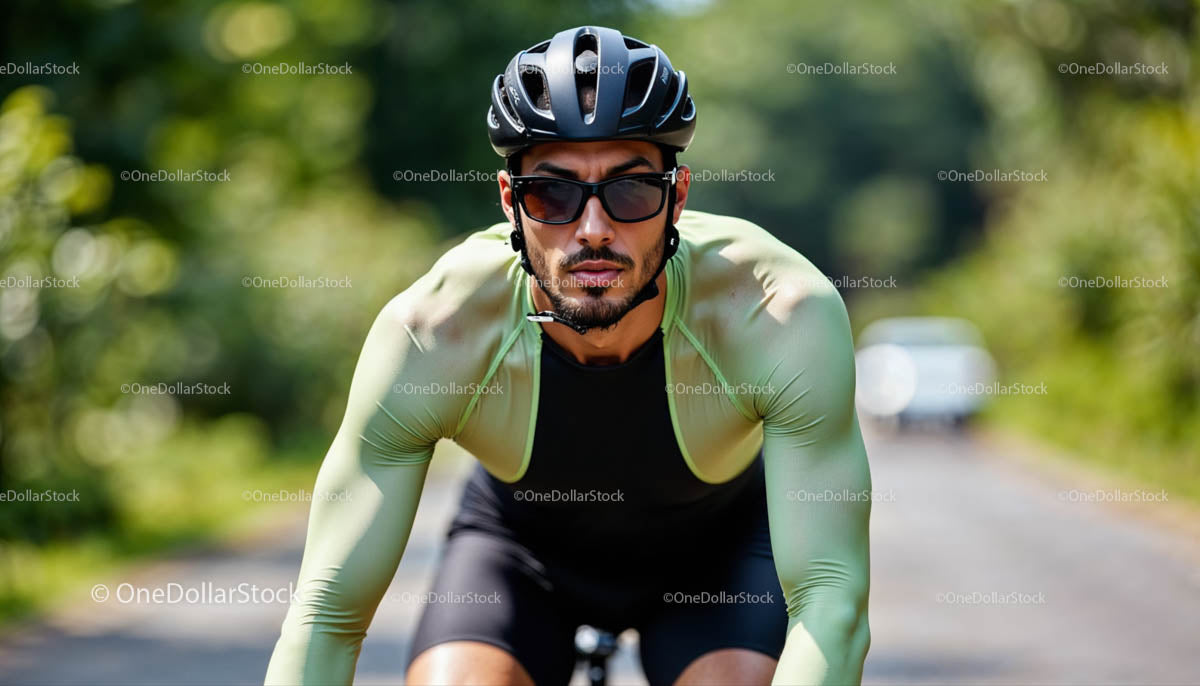 Focused Cyclist in Green Jersey Riding on a Sunlit Road