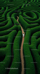 Solitary Figure Walking Through a Green Hedge Maze