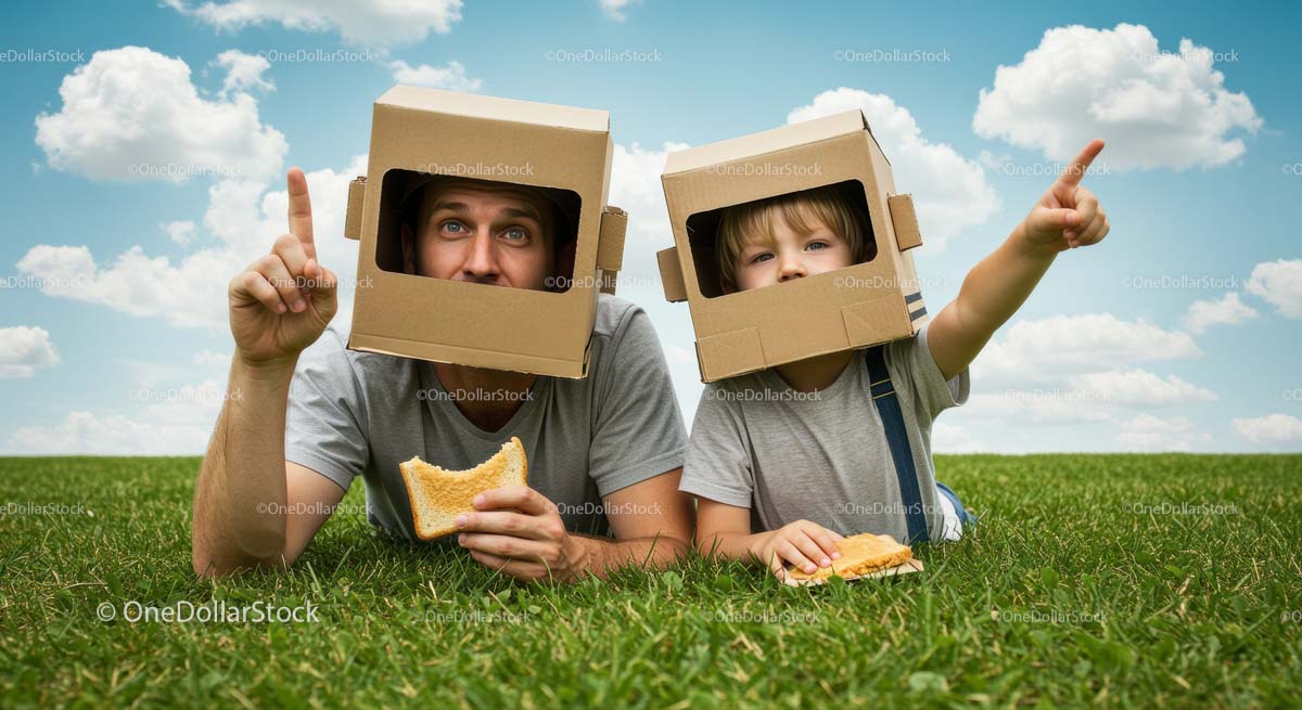 Father and Son Playing with Cardboard Helmets Outdoors