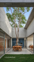 Modern Concrete Structure with Outdoor Dining and Tree Canopy