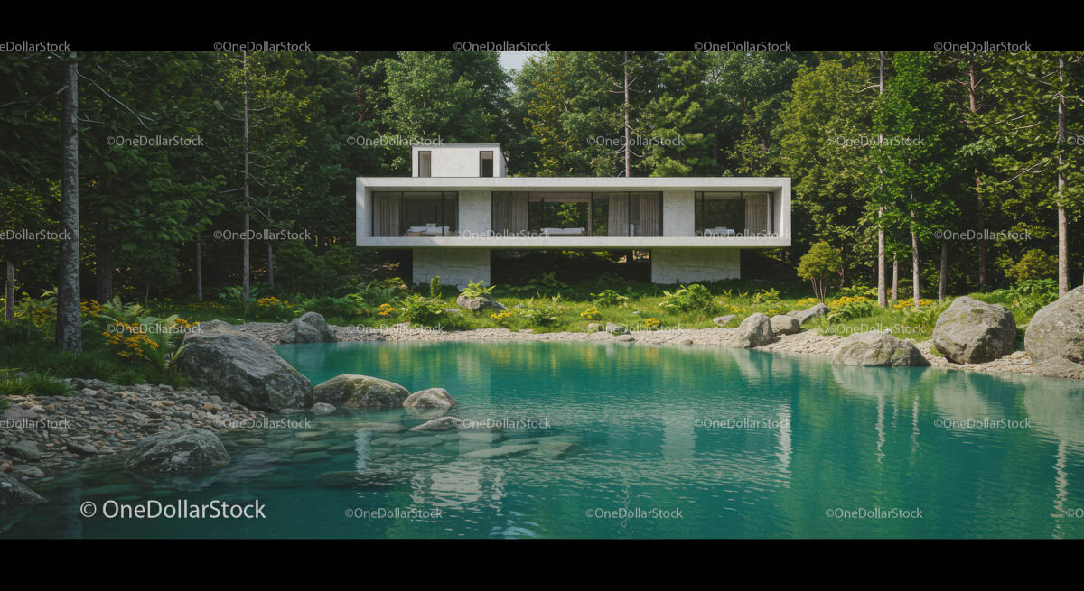 Modern Glass House by Tranquil Forest Lake