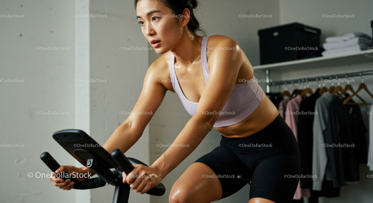 Focused Woman on an Indoor Cycling Workout