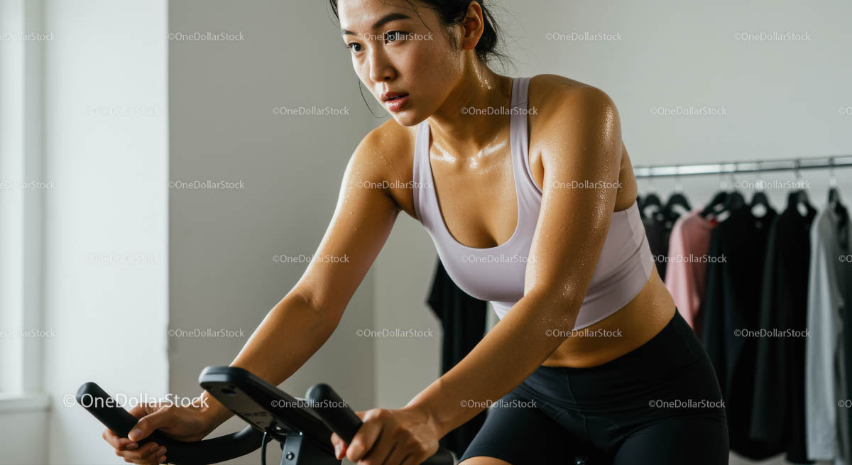 Focused Woman Cycling During Intense Workout Session